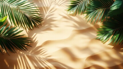 Serene beach scene with palm leaves casting shadows on sun-kissed sand, creating a tranquil summer vibe. Perfect for travel, vacation, or relaxation themes.