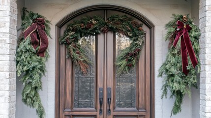 Fototapeta premium Evergreen branches tied into a beautiful door swag with holiday ribbons.
