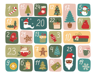 Advent calendar with Christmas elements isolated on white. Christmas and Advent banner. Vector flat illustration.