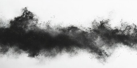 Black powder swirling across white background creates a dynamic visual effect in contemporary art form