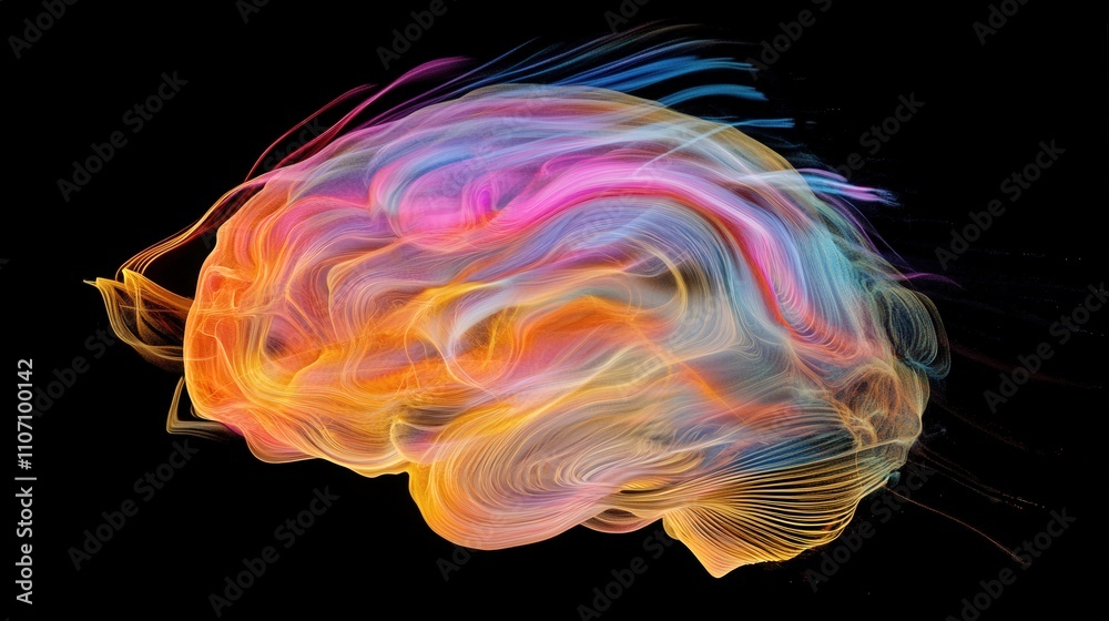 Poster a 3d image of a brain with colorful, swirling lines around it to represent thought processes and the