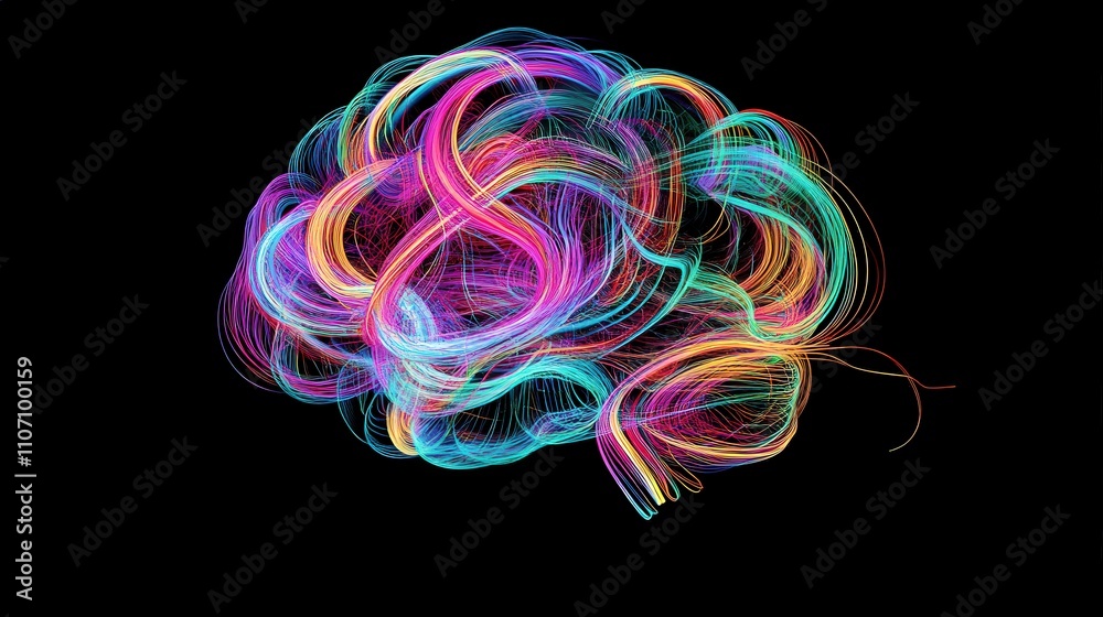 Poster a 3d image of a brain with colorful, swirling lines around it to represent thought processes and the