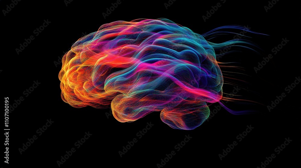 Poster a 3d image of a brain with colorful, swirling lines around it to represent thought processes and the