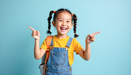 Joyful Girl Points to the Future, Ready for School