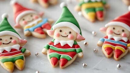 Obraz premium Create elf-shaped cookies with colorful icing, complete with pointy hats and striped stockings