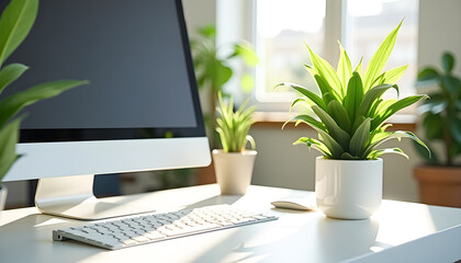 Fototapeta premium Modern Workspace with Greenery and Natural Light