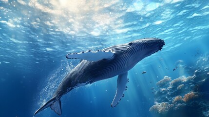 Fototapeta premium A baby humpback whale breaches the clear ocean, glistening in sunlight with playful fish nearby.
