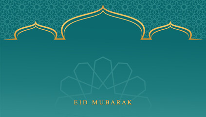 Eid Mubarak vector illustration design. Green gradient eid mubarak background with motif texture islamic. Islamic mosque design with golden eid mubarak design