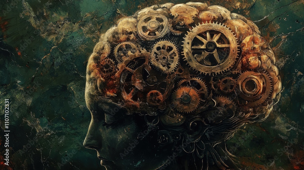 Poster a brain with gears and cogs inside, symbolizing cognitive processes and problem-solving