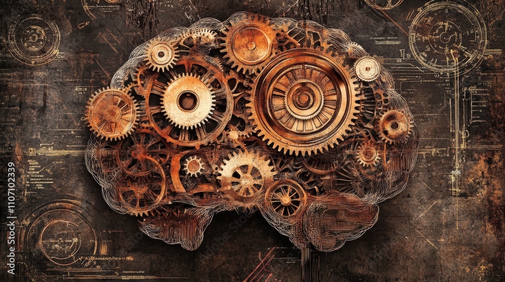Poster a brain with gears and cogs inside, symbolizing cognitive processes and problem-solving