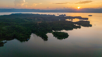 drone above kanchanaburi Thailand and kwai river at sunset 