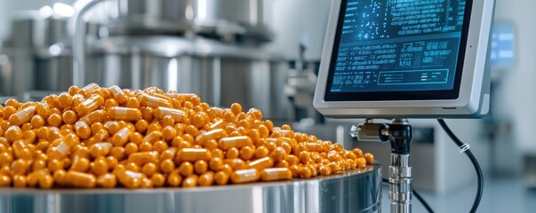 Pharmaceutical industry concept. A close-up of a large pile of orange capsules beside a digital monitor displaying data in a manufacturing environment.