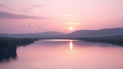 Fototapeta premium A calm and tranquil river landscape with the sun setting behind distant hills.