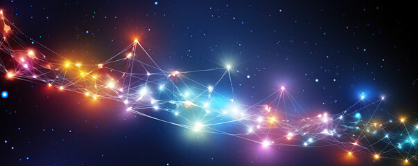Obraz premium Colorful lights and connections form a vibrant cosmic web in a dark space background at night
