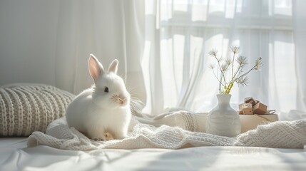 A white little rabbit is on the bed by the window, with sunlight shining in