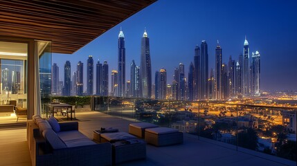 Obraz premium Stunning skyline view of modern skyscrapers at night in Dubai.