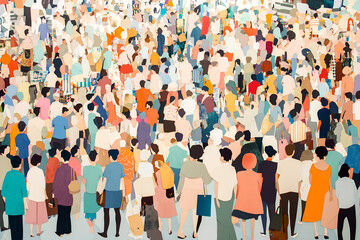 Large crowd of diverse people in paper cut-out style. Layered abstract art, figures in various vibrant colors with distinct silhouettes. Inclusive, textured, playful, dynamic background
