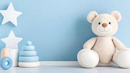 Newborn baby room with adorable toys in a cozy environment captured from a playful viewpoint