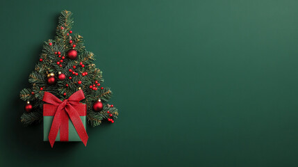Cute tabletop Christmas tree with decorations and a gift box wrapped in red ribbon against a green background