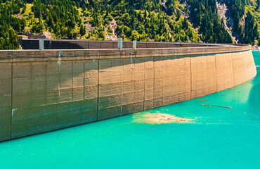 Alpine summer view with reflections in a lake at Lake Schlegeis Reservoir, Ginzling, Zemmgrund Valley, Schlegeis Alpine Road, Mayrhofen, Finkenberg, Schwaz, Tyrol, Austria