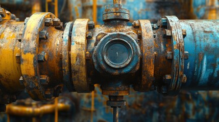 A close-up of the surface equipment used in oil drilling, including drilling pipes, blowout preventers, and control valves.