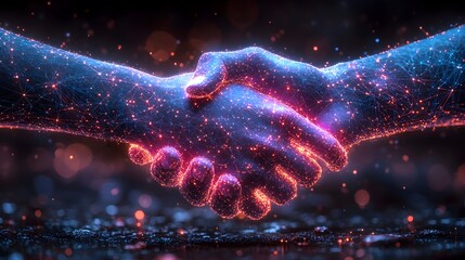 A digital handshake that is supposed to symbolize the cooperation between humans and robots, glowing blue and purple
