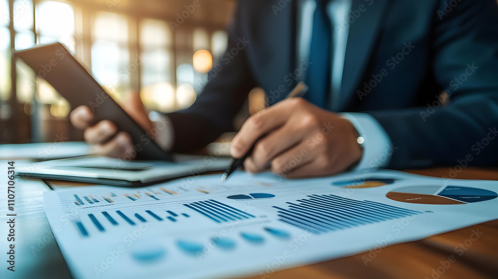Poster A businessman analyzes charts and data on paper while using a tablet.