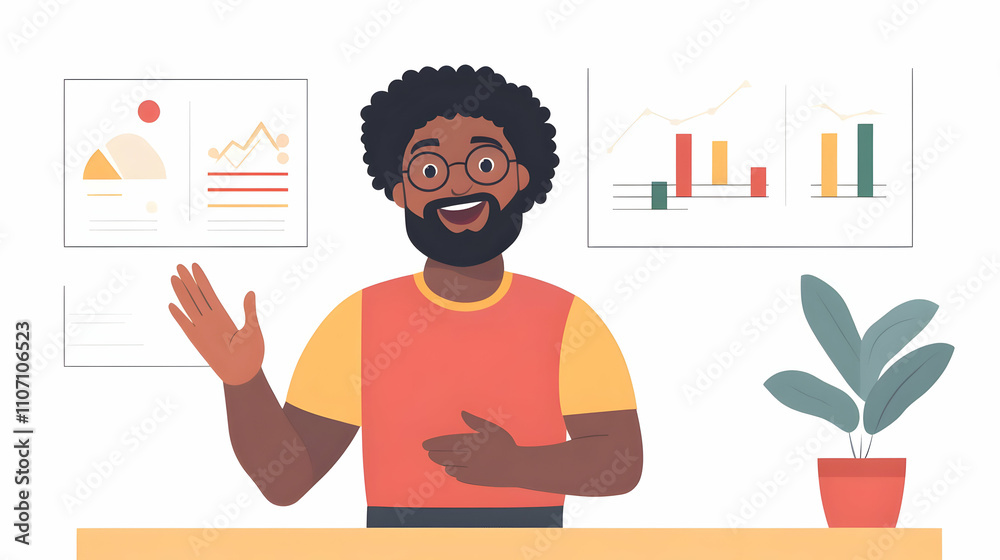 Aufkleber a cheerful person presenting data visuals in an office setting.