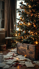 Rustic Christmas tree with wooden box and scattered festive letters