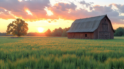 Obraz premium Rustic barn in golden sunset field.