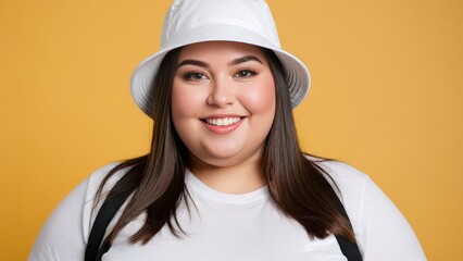 Fototapeta premium Plus size young woman wearing white t-shirt and white bucket hat isolated on yellow background