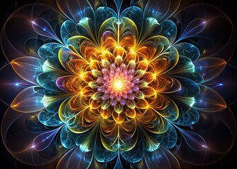 Stunning Abstract Fractal Glowing Flower with Spirals on a Black Background, Perfect for Digital Art and Design Projects, Showcasing Vibrant Colors and Intricate Patterns