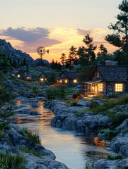 Fototapeta premium Serene mountain village at sunset, with a stream flowing through rocky terrain.