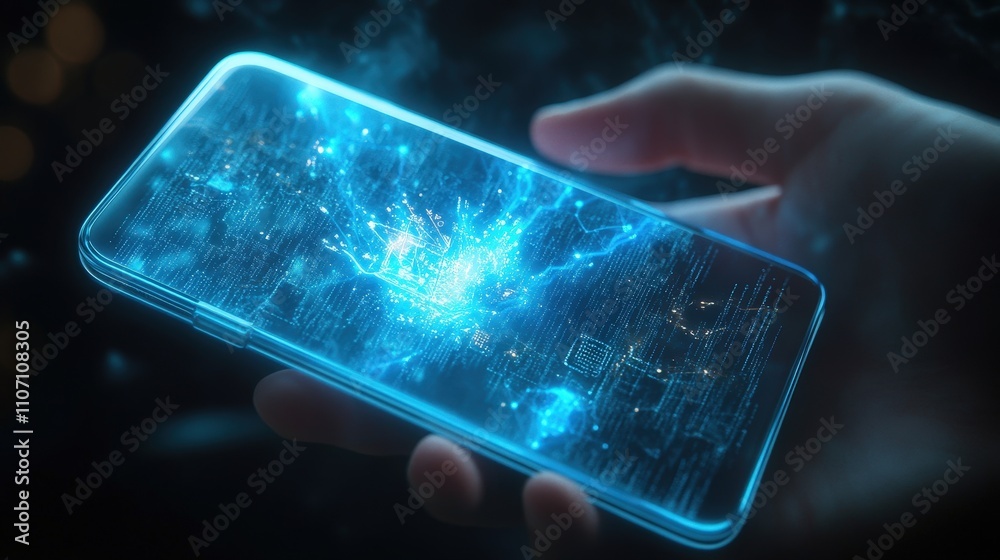 Poster a cutting-edge mobile device with an ai system and holographic scale interface.