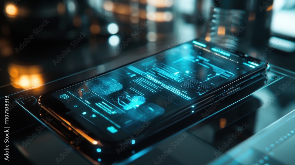 Poster a cutting-edge mobile device with an ai system and holographic scale interface.