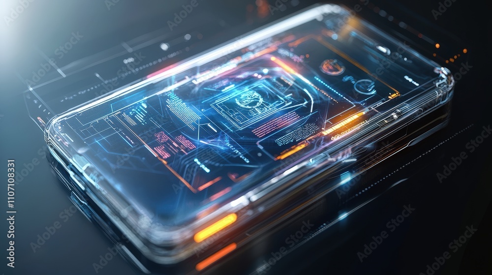 Poster a cutting-edge mobile device with an ai system and holographic scale interface.
