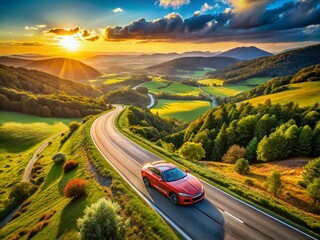 Stunning Aerial Drone Photography of a Modern Car in a Scenic Landscape with Clear Sky Highlighting Automotive Design and Technology Innovation for Stock Photo Use