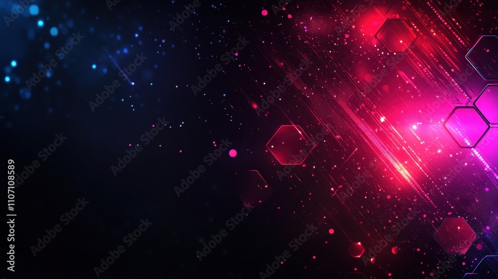 Poster a dark digital background with glowing data streams, subtle hexagonal patterns, and light effects.