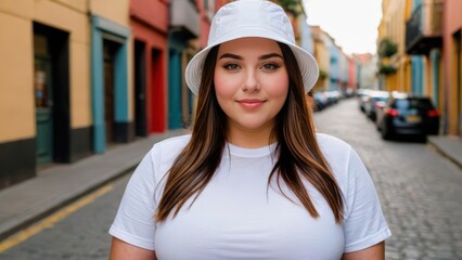 Plus size young woman wearing white t-shirt and white bucket hat standing in a city alley