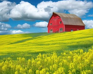 Barn Grass. Beautiful Red Barn in Canola Field with Blue Sky Background