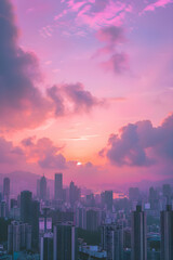 Fototapeta premium Pastel Sunset Over the City-Scape: A Serene Blend of Modern Architecture & Soft Dreamy Tumblr Aesthetics