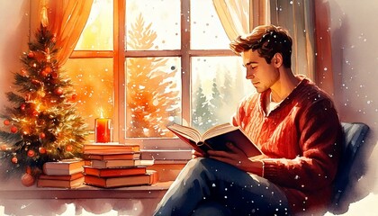 Cozy watercolor scene of a person reading by a window, with warm sunlight streaming in.