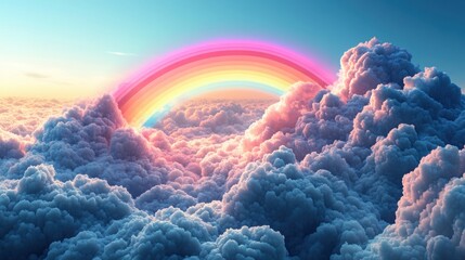 Naklejka premium Vivid rainbow slicing through fluffy clouds, offering ample copy space for creative sky-themed designs