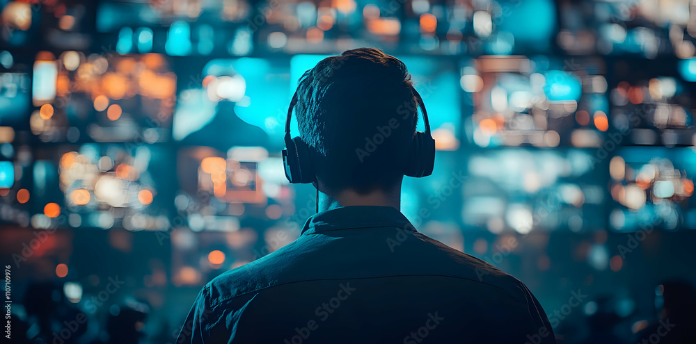 Poster a person wearing headphones stands before multiple screens displaying various images.