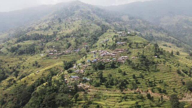 aerial view of terrace paddy farmland in Nuwakot, Nepal.