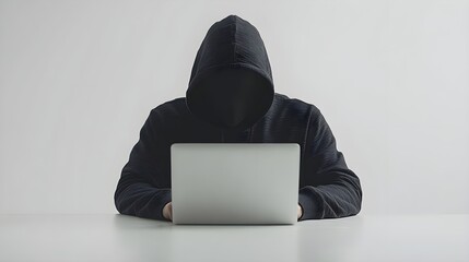 A hacker in a black hoodie with their face hidden is sitting at a sliver laptop and typing on the keyboard