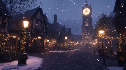 Fototapeta premium Enchanted Winter Village at Night with Snowfall, Historic Architecture, Street Lamps, and Clock Tower Creating a Magical Holiday Atmosphere