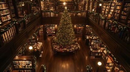Fototapeta premium Festive Library with Christmas Tree and Holiday Decorations in Cozy Atmosphere, Warm Lights Reflecting Elegant Woodwork in Classic Architecture