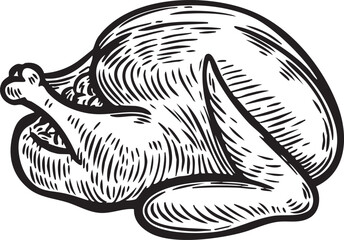 Roasted Turkey Line Drawing Vintage Style.