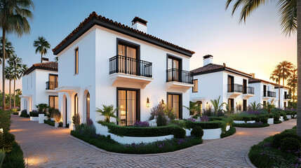 Mediterranean-style villas at sunset, showcasing architecture, landscaping, and luxury.